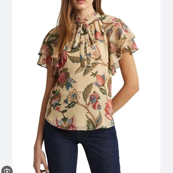 Lauren Ralph Lauren Floral Crinkle Georgette Tie-Neck Blouse Flowy Chiffon Sz 3X - Picture 1 of 7